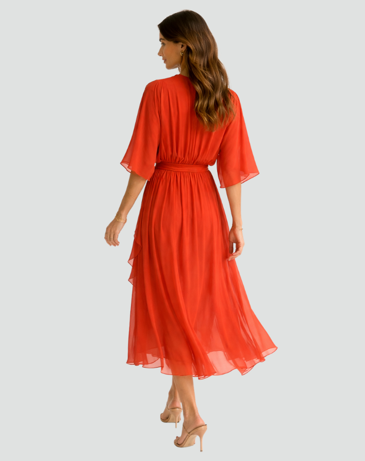 Vittoria | Maxi Festkjole Terrakotta Chiffon Slå-om V-hals til Kvinder