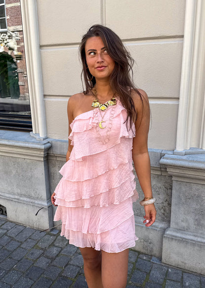 Séverine | Mini Kjole Blå Frynset Stropløs Fest til Kvinder