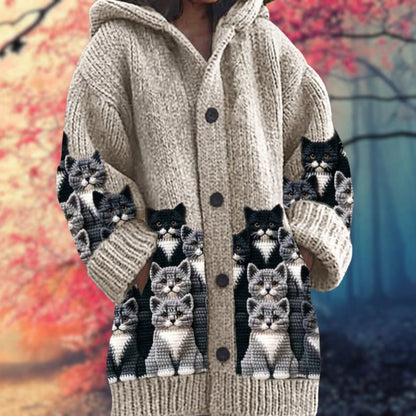 Rosario | Cardigan Beige Heste-Print Hættetrøje Langærmet til Kvinder