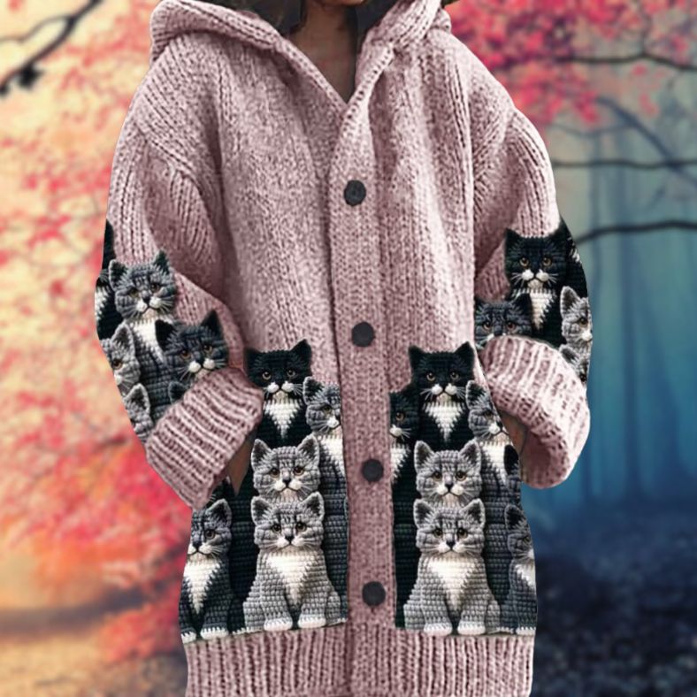 Rosario | Cardigan Beige Heste-Print Hættetrøje Langærmet til Kvinder