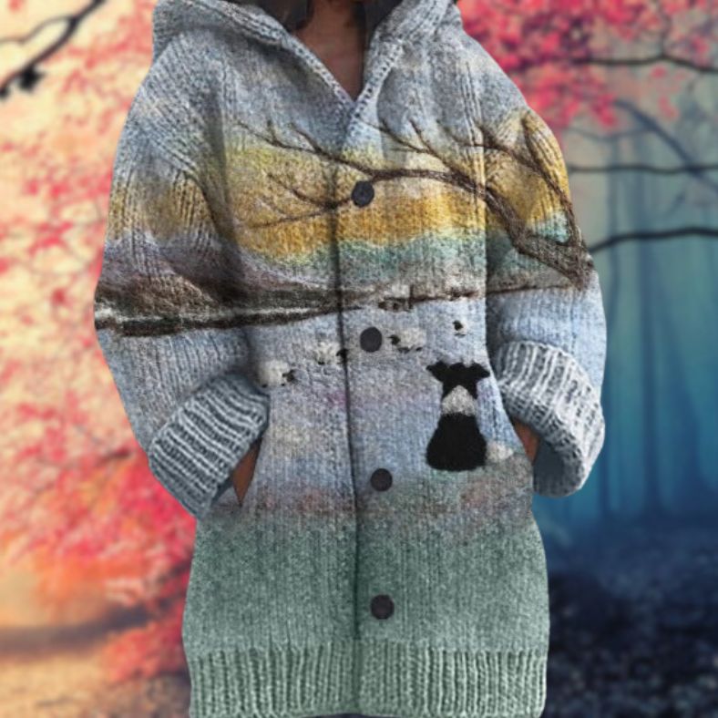 Rosario | Cardigan Beige Heste-Print Hættetrøje Langærmet til Kvinder