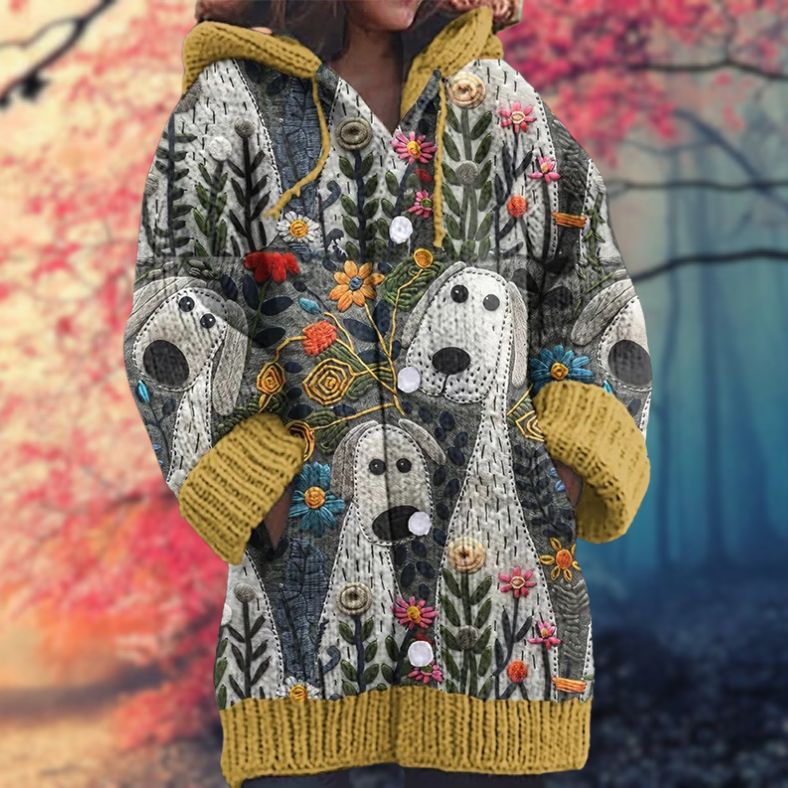Rosario | Cardigan Beige Heste-Print Hættetrøje Langærmet til Kvinder
