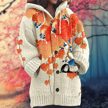 Rosario | Cardigan Beige Heste-Print Hættetrøje Langærmet til Kvinder