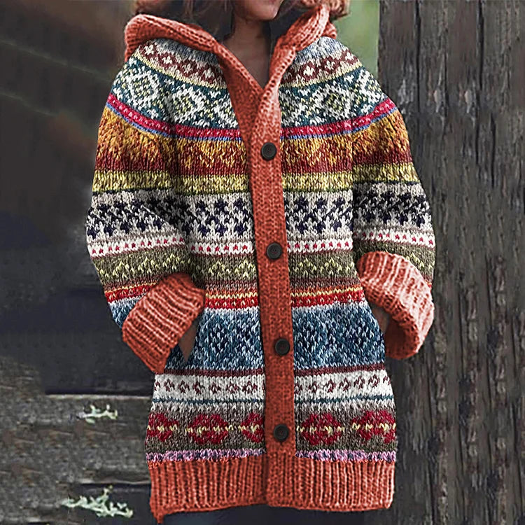 Roxana | Lang Cardigan Terracotta Farverig Strik Hætte til Kvinder