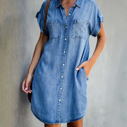 Régine | Midi Skjortekjole Lyseblå Denim Kortærmet til Kvinder