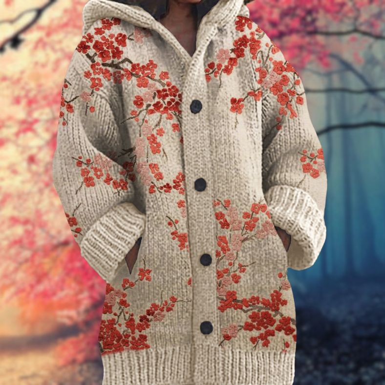 Rosario | Cardigan Beige Heste-Print Hættetrøje Langærmet til Kvinder