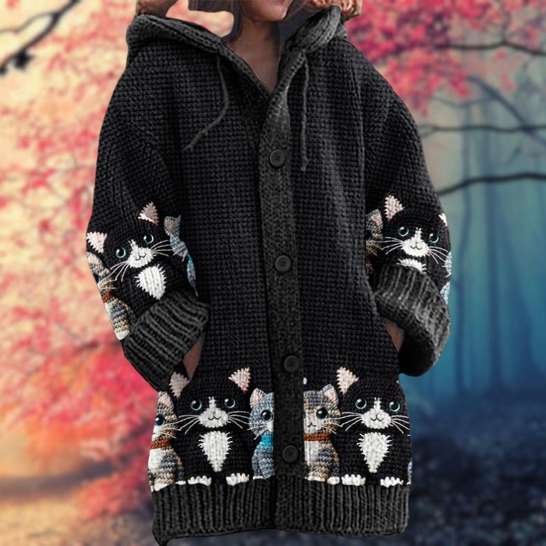 Rosario | Cardigan Beige Heste-Print Hættetrøje Langærmet til Kvinder