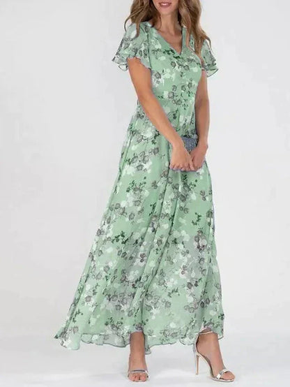 Rosalie | Maxi Kjole Pink Blomstret Chiffon Flæseærmer til Kvinder