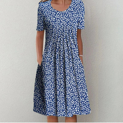 Natalie | Midi Sommerkjole Marineblå Blomsterprint A-linje med Lommer til Kvinder