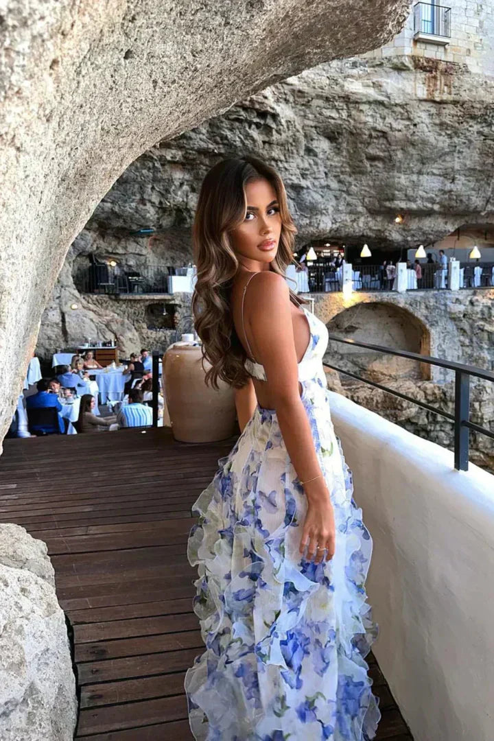 Camille Moreau | Maxi-festkjole med blomsterprint og elegante flæser