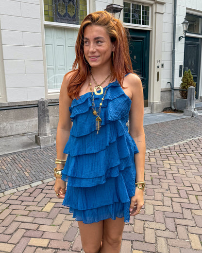 Séverine | Mini Kjole Blå Frynset Stropløs Fest til Kvinder
