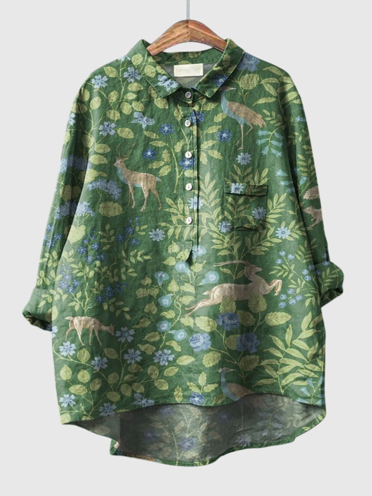 Miriam | Skjorte Grøn Botanisk Print Linnedlook Langærmet til Kvinder