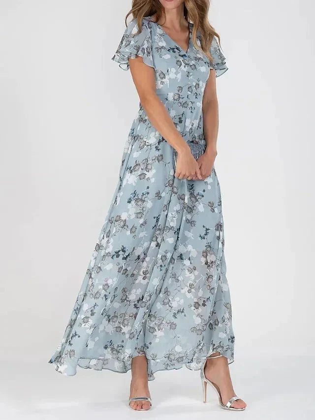Rosalie | Maxi Kjole Pink Blomstret Chiffon Flæseærmer til Kvinder