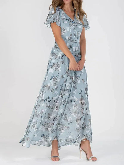 Rosalie | Maxi Kjole Pink Blomstret Chiffon Flæseærmer til Kvinder
