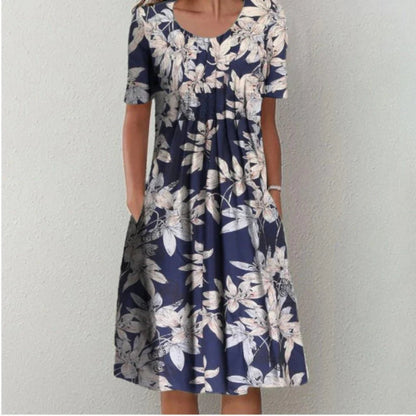 Natalie | Midi Sommerkjole Marineblå Blomsterprint A-linje med Lommer til Kvinder