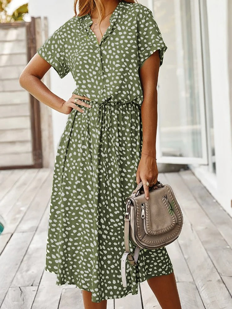 Camille | Midi Sommerkjole Hvid Leopardprint Viskose Bindebånd til Kvinder