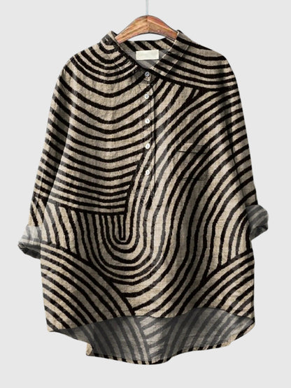 Vittoria | Bluse Beige Sort Geometrisk Stribet Lin Langærmet til Kvinder