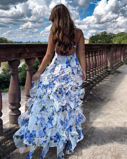 Camille Moreau | Maxi-festkjole med blomsterprint og elegante flæser
