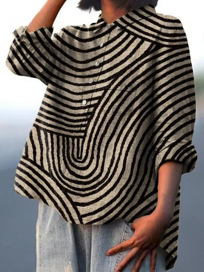 Vittoria | Bluse Beige Sort Geometrisk Stribet Lin Langærmet til Kvinder