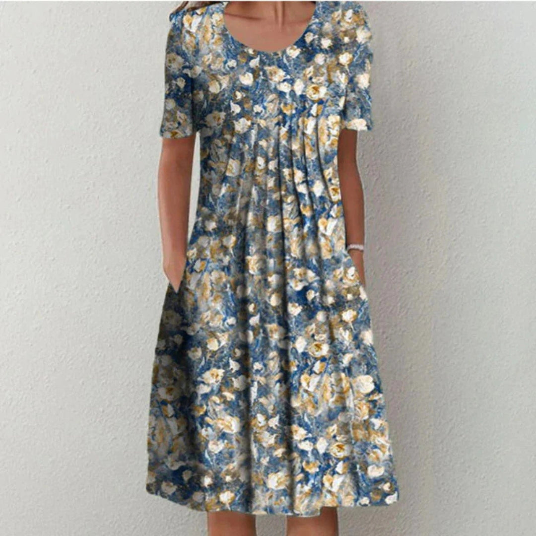 Natalie | Midi Sommerkjole Marineblå Blomsterprint A-linje med Lommer til Kvinder