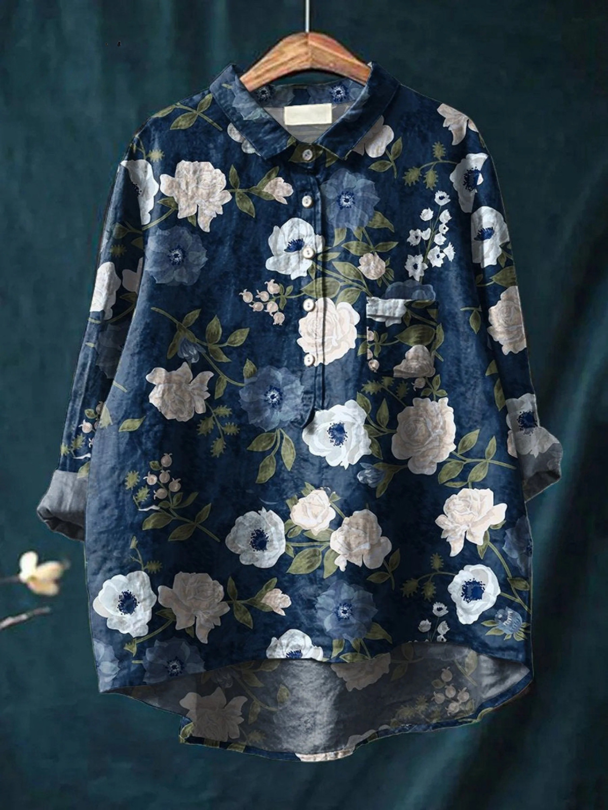 Elisa | Skjorte Marineblå Blomstret Bomuld Langærmet til Kvinder