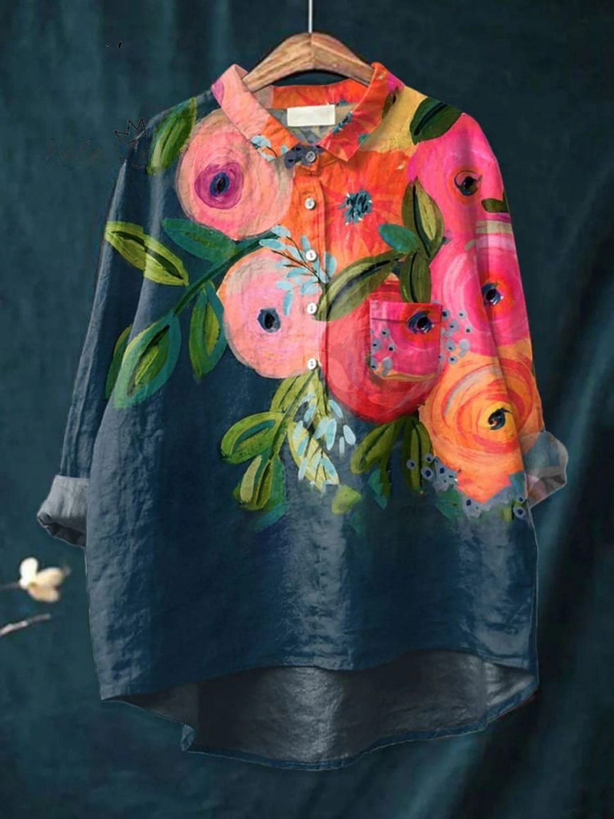 Lucrezia | Skjorte Marineblå Blomstret Oversized Langærmet til Kvinder