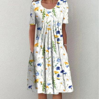 Natalie | Midi Sommerkjole Marineblå Blomsterprint A-linje med Lommer til Kvinder