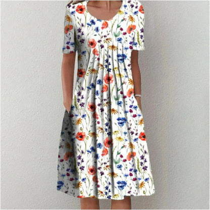 Natalie | Midi Sommerkjole Marineblå Blomsterprint A-linje med Lommer til Kvinder