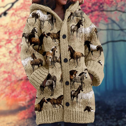 Rosario | Cardigan Beige Heste-Print Hættetrøje Langærmet til Kvinder