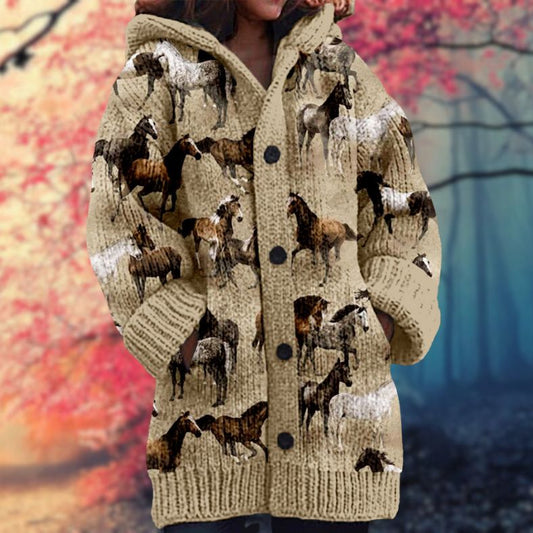 Rosario | Cardigan Beige Heste-Print Hættetrøje Langærmet til Kvinder