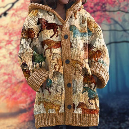 Rosario | Cardigan Beige Heste-Print Hættetrøje Langærmet til Kvinder