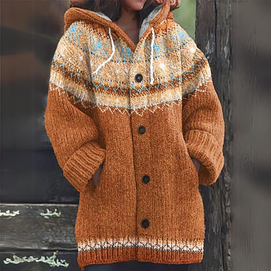 Roxana | Lang Cardigan Terracotta Farverig Strik Hætte til Kvinder