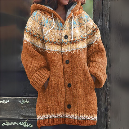 Roxana | Lang Cardigan Terracotta Farverig Strik Hætte til Kvinder