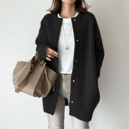 Hélène | Cardigan Beige Fluffy Uld Knaplukket Oversized til Kvinder