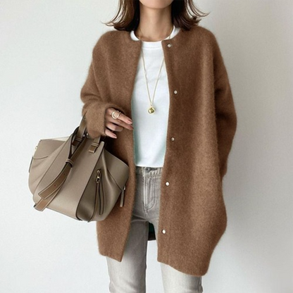 Hélène | Cardigan Beige Fluffy Uld Knaplukket Oversized til Kvinder