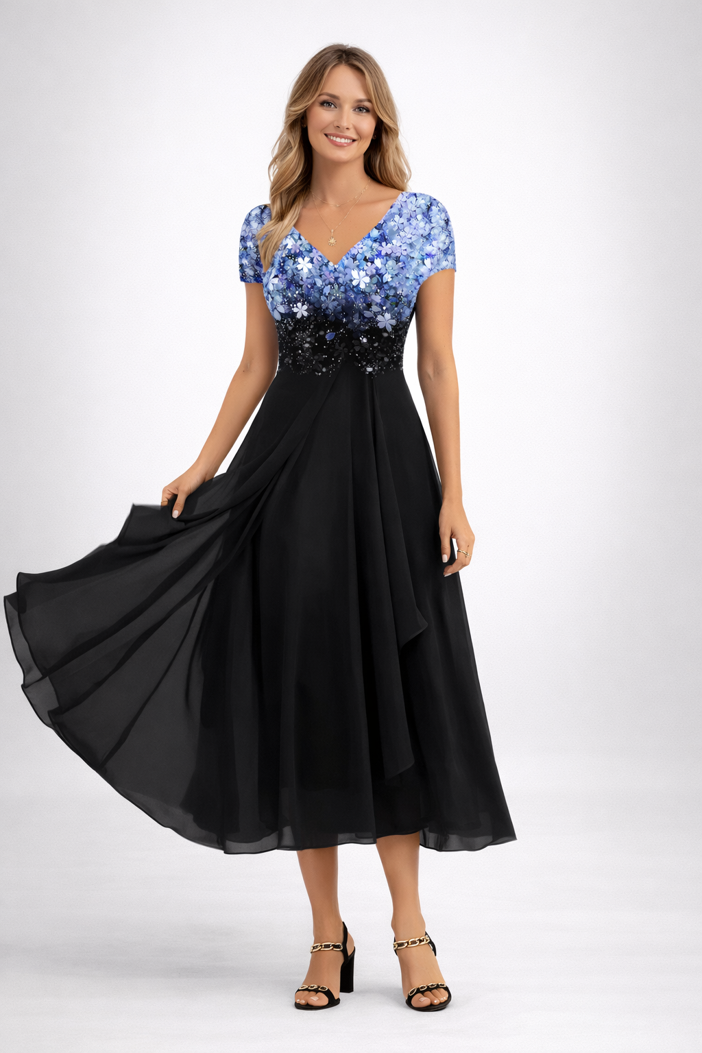 Camille Laurent | Elegant festkjole i midi-længde med blomsterprint og chiffon