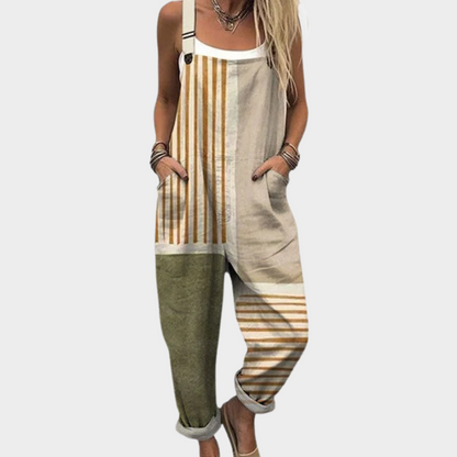 Cosette | Overall Beige Gulstribet Lin-Look Smækbuks til Kvinder