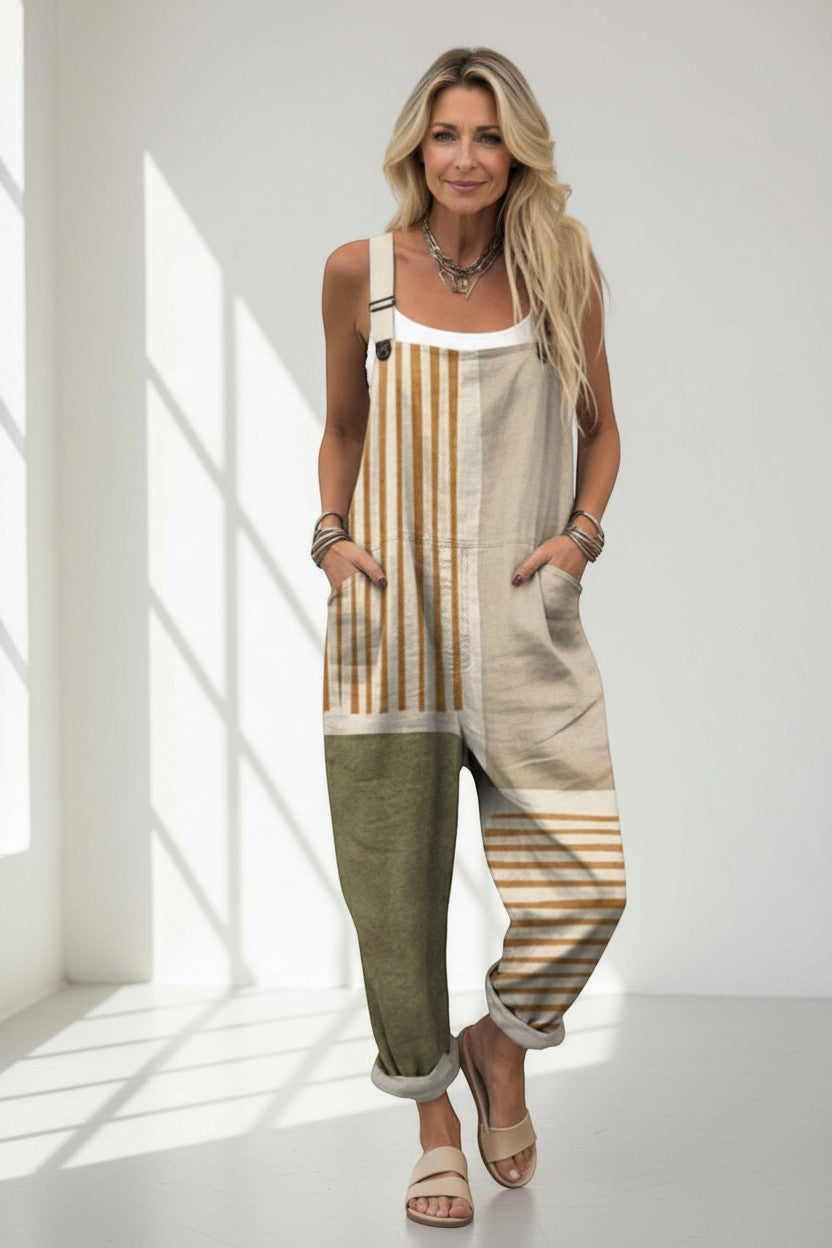 Cosette | Overall Beige Gulstribet Lin-Look Smækbuks til Kvinder