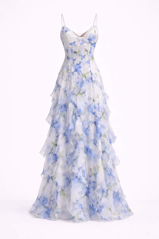 Camille Moreau | Maxi-festkjole med blomsterprint og elegante flæser