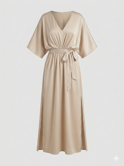 Léonie | Maxi Kjole Beige Satin V-hals Bindebælte til Kvinder