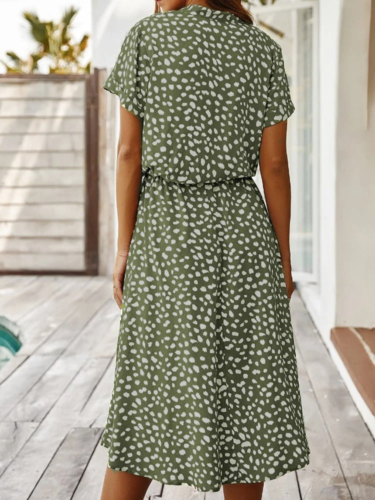 Camille | Midi Sommerkjole Hvid Leopardprint Viskose Bindebånd til Kvinder