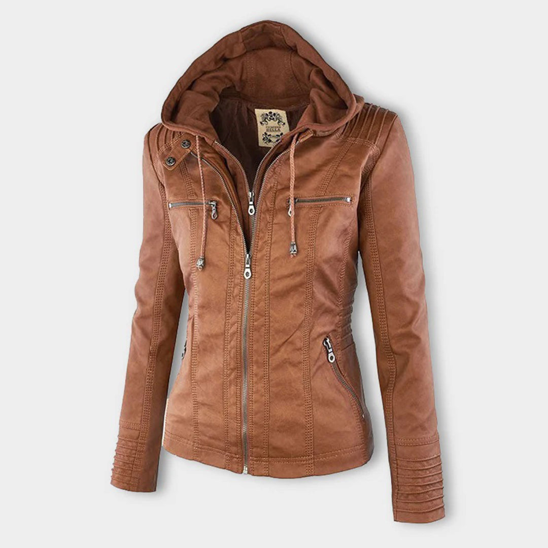 Solange | Bikerjakke Cognac Faux Læder Hætte Moto-stil til Kvinder