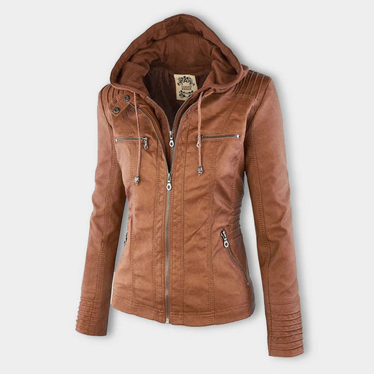 Solange | Bikerjakke Cognac Faux Læder Hætte Moto-stil til Kvinder