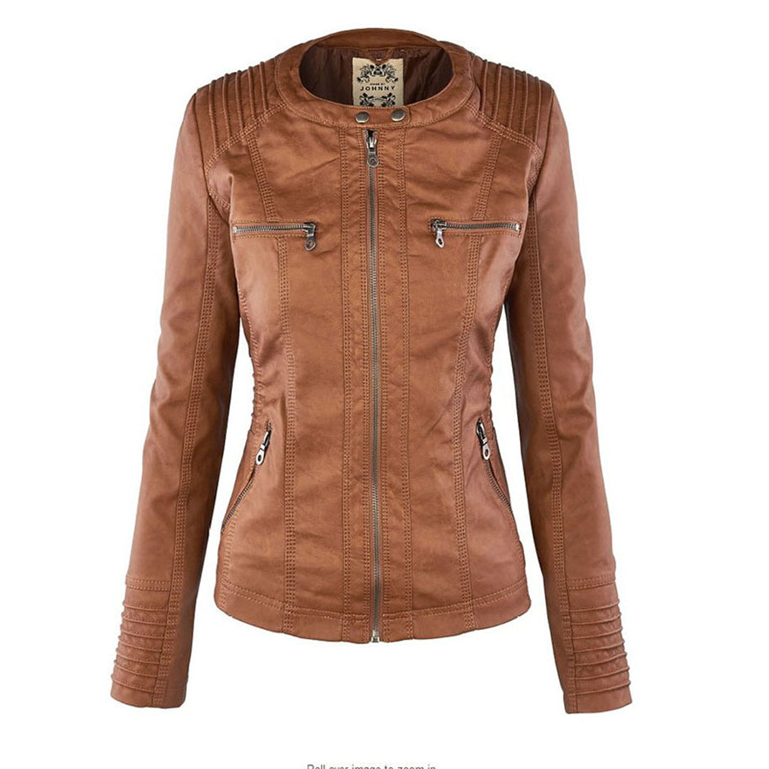 Solange | Bikerjakke Cognac Faux Læder Hætte Moto-stil til Kvinder