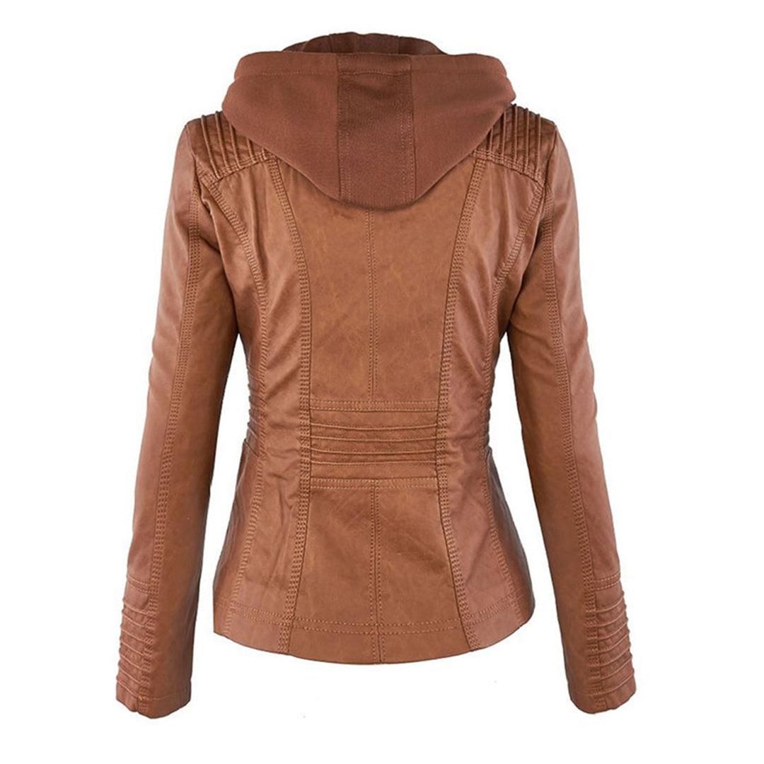 Solange | Bikerjakke Cognac Faux Læder Hætte Moto-stil til Kvinder