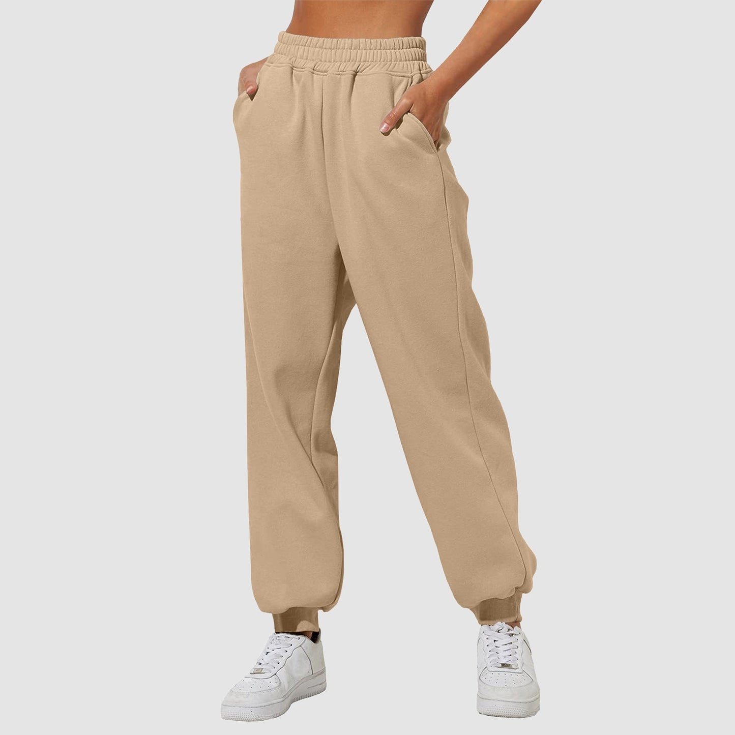Mireia | Joggingbukser Beige Sweat Højtaljede med Ribkant til Kvinder