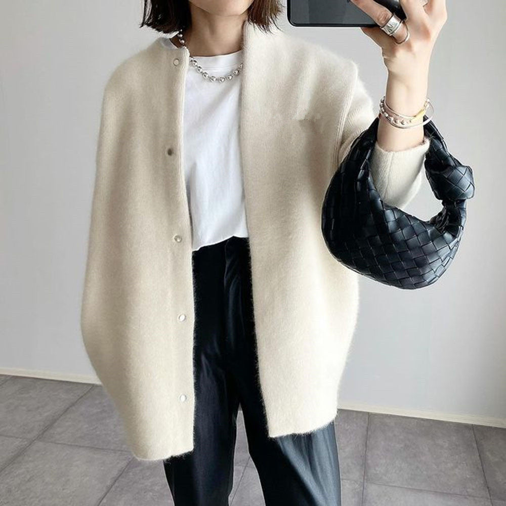 Hélène | Cardigan Beige Fluffy Uld Knaplukket Oversized til Kvinder