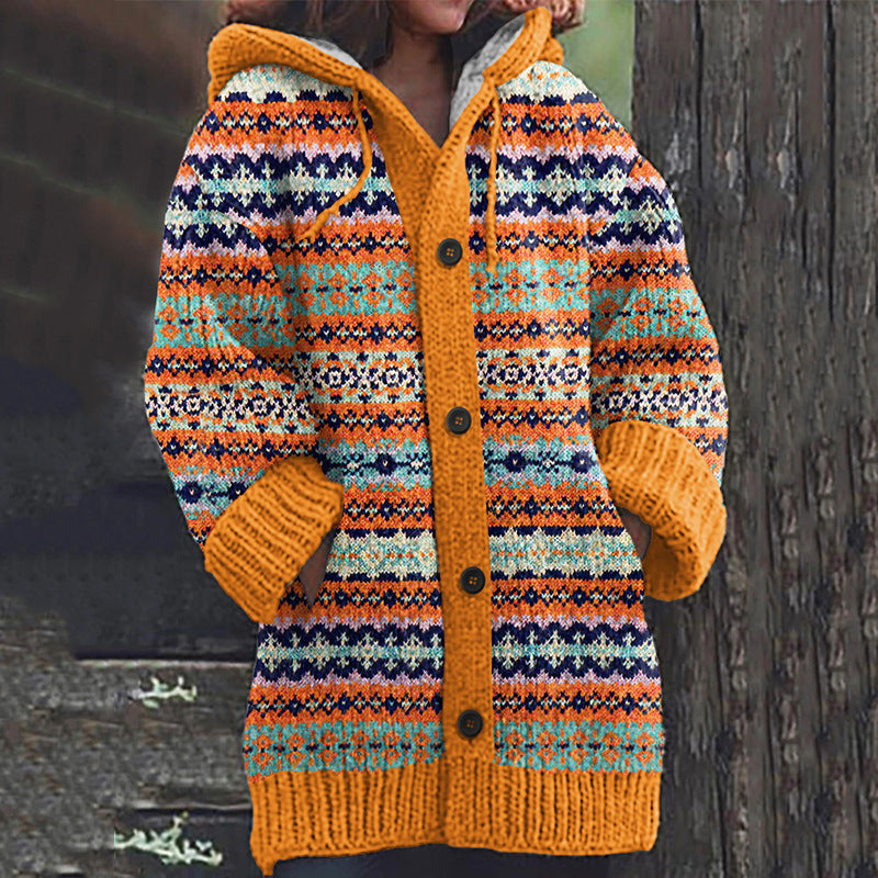 Roxana | Lang Cardigan Terracotta Farverig Strik Hætte til Kvinder