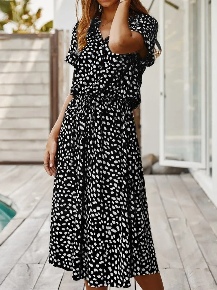 Camille | Midi Sommerkjole Hvid Leopardprint Viskose Bindebånd til Kvinder