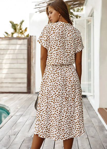 Camille | Midi Sommerkjole Hvid Leopardprint Viskose Bindebånd til Kvinder